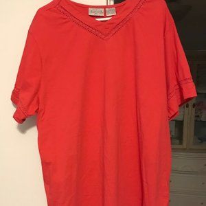 Basic Editions Plus shirt, 2X, deep coral color. 60% cotton, 40% polyester.